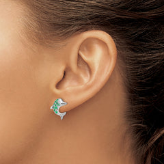 Sterling Silver Rhodium Emerald & Diamond Dolphin Post Earrings