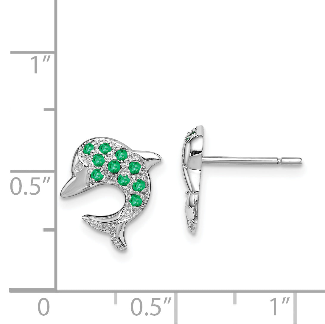 Sterling Silver Rhodium Emerald & Diamond Dolphin Post Earrings