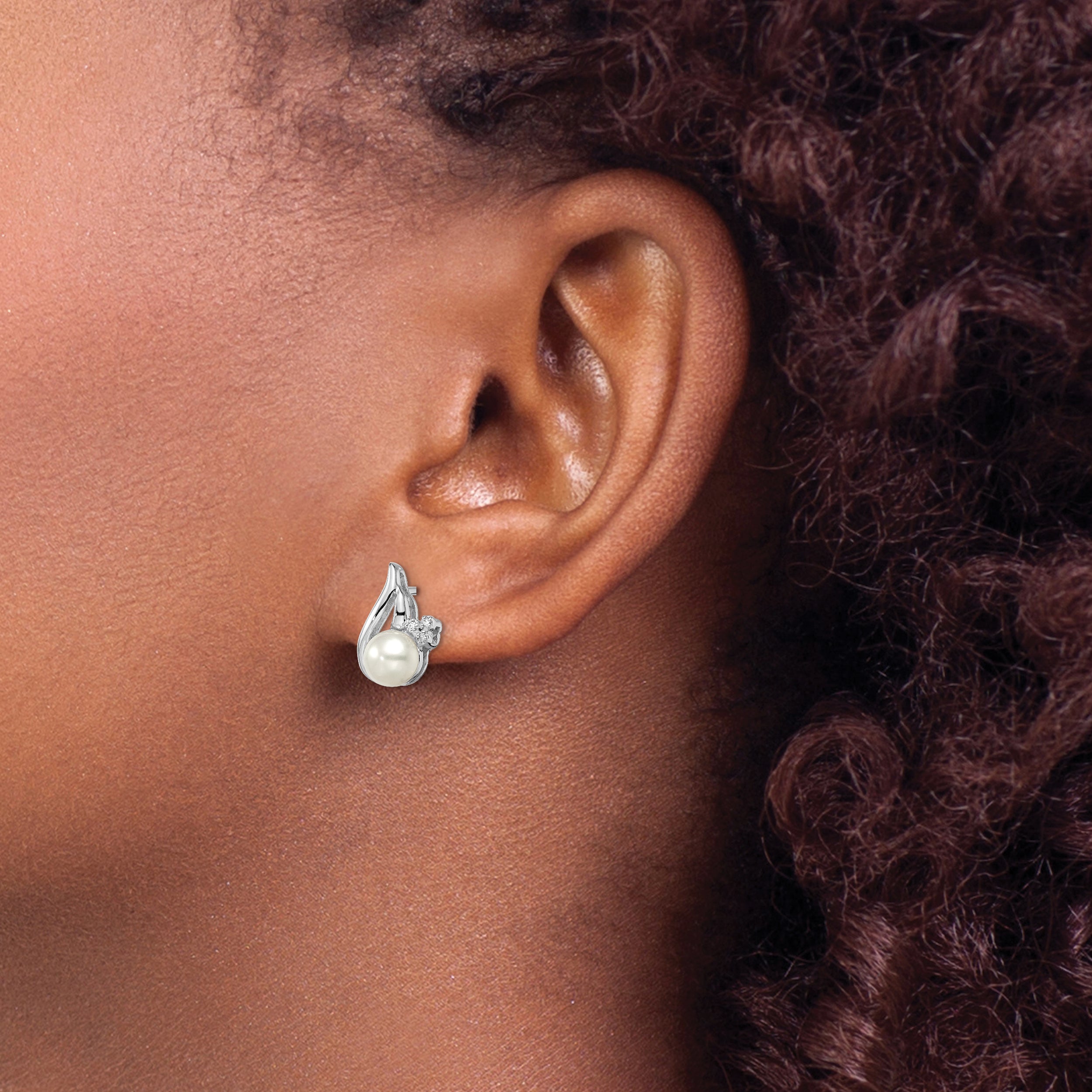 Sterling Silver Rhodium 6mm FW Cultured Pearl & Diamond Post Ear