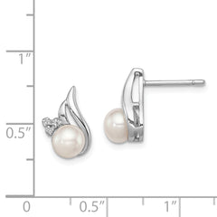 Sterling Silver Rhodium 6mm FW Cultured Pearl & Diamond Post Ear