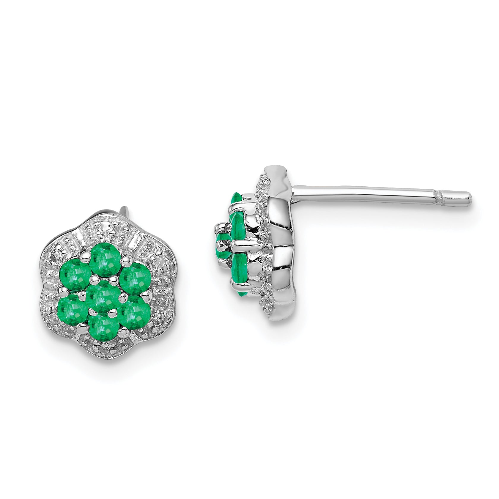 Sterling Silver Rhodium Emerald & Diamond Post Earrings Main image