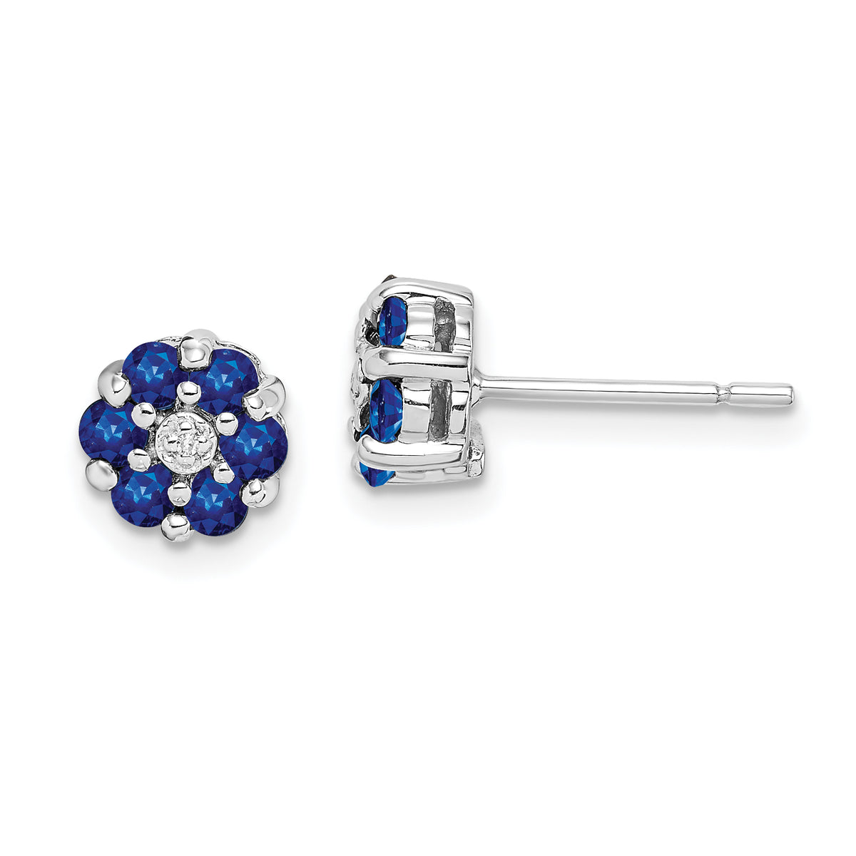 Sterling Silver Rhodium Sapphire & Diamond Post Earrings