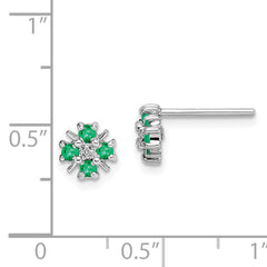 Sterling Silver Emerald & Diamond Cluster Earrings with Polished Rhodium Finish