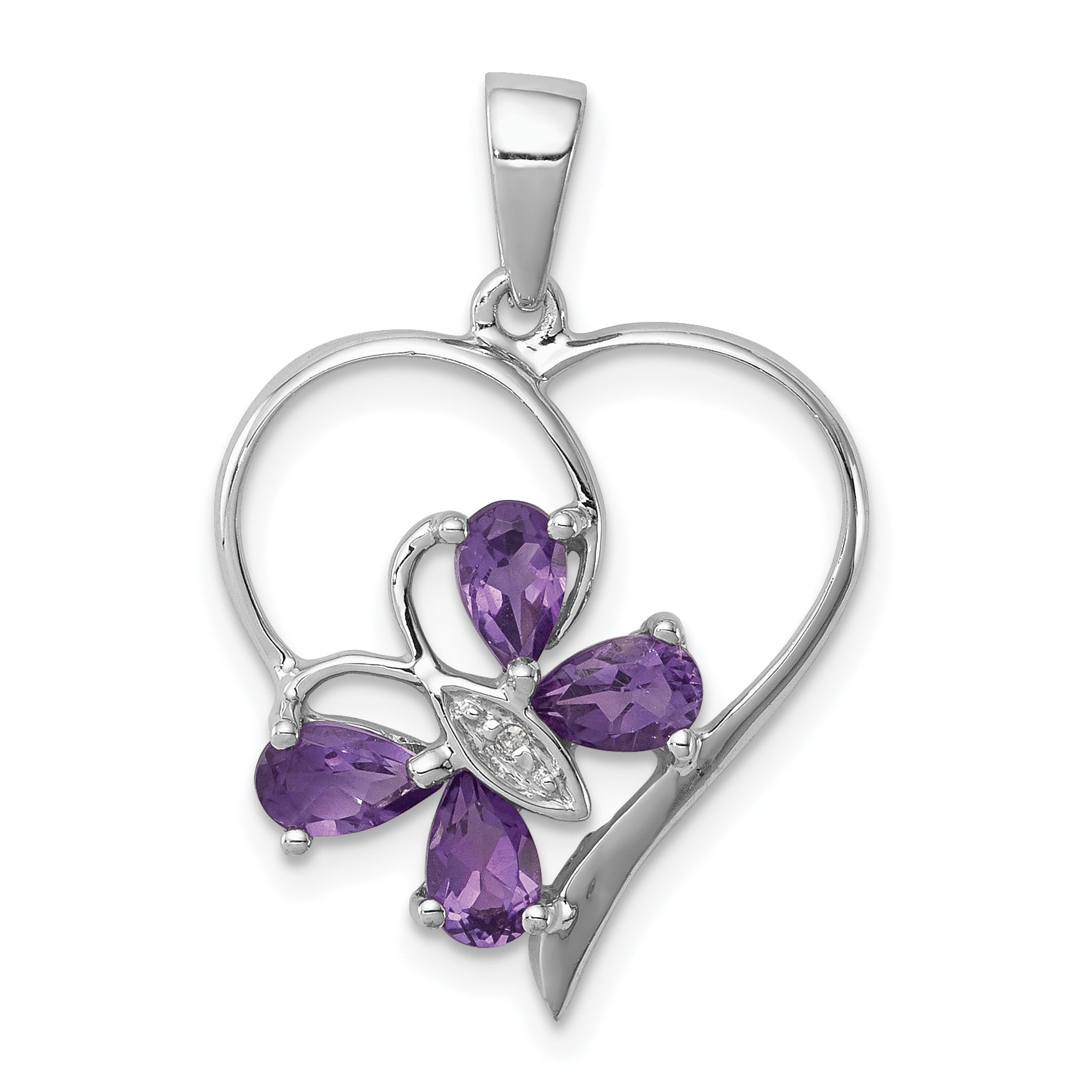 Sterling Silver RH Plated Amethyst and Diamond Butterfly Heart Pendant Main image