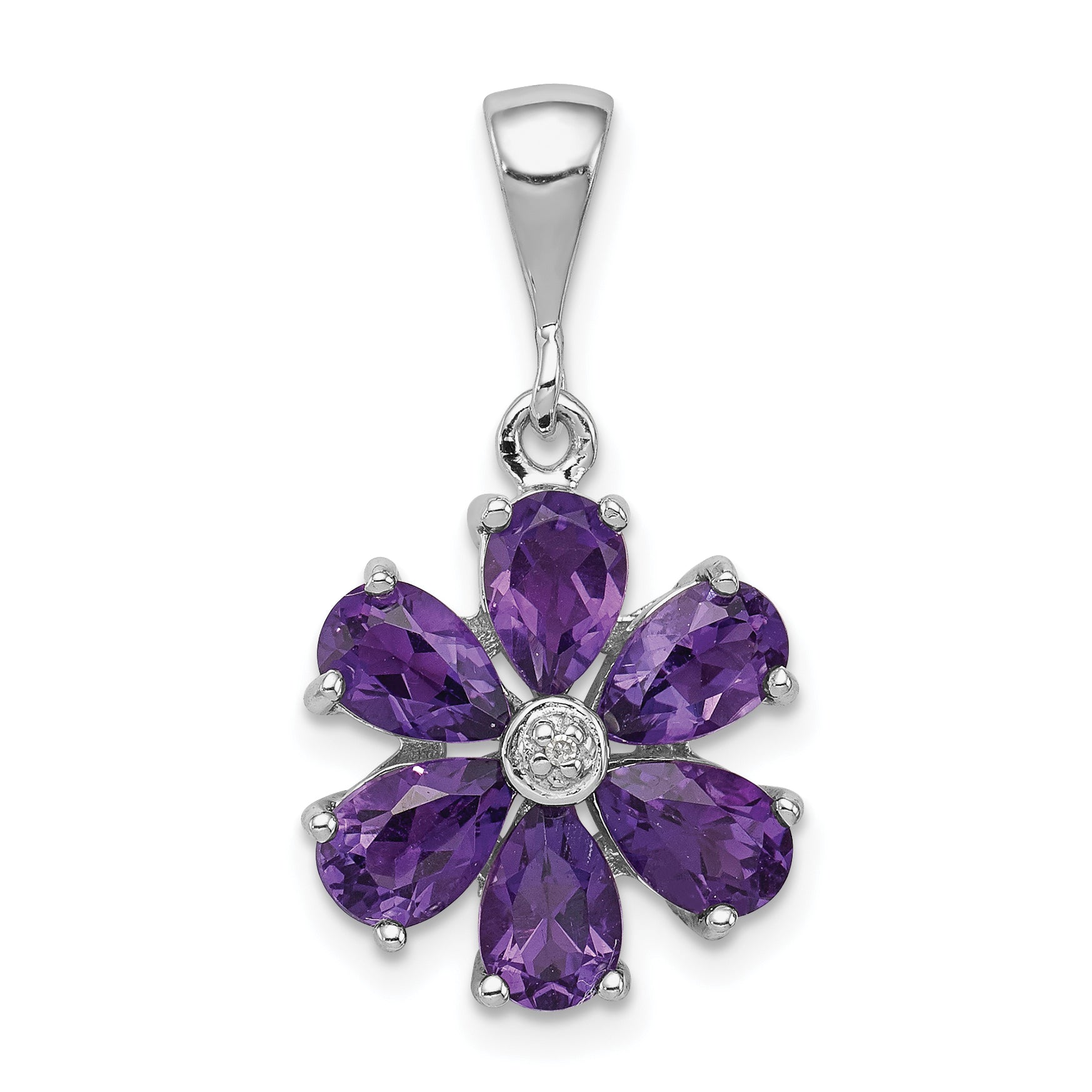 Sterling Silver Rhodium Plated Amethyst and Diamond Flower Pendant Main image