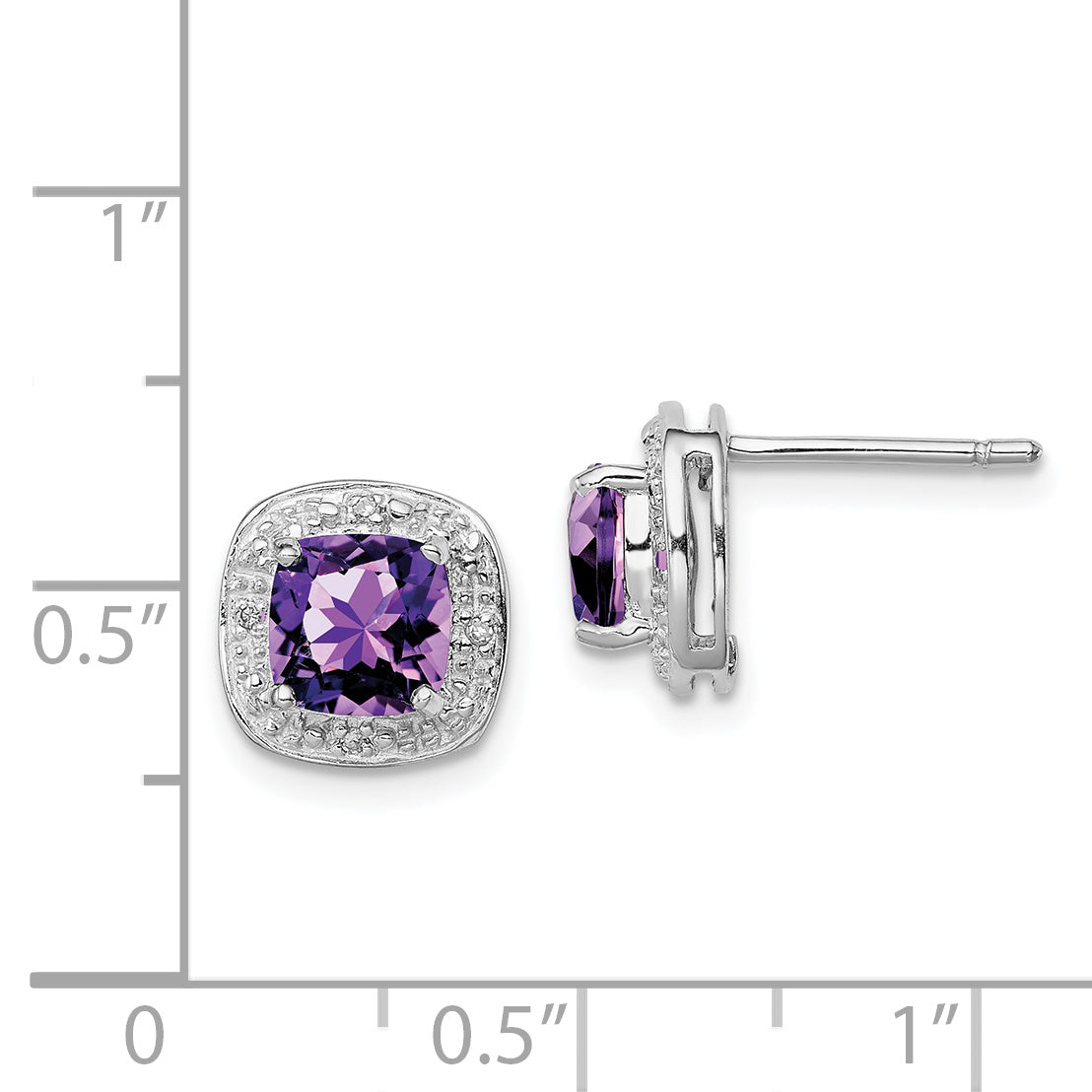 Sterling Silver Rhodium Plated Amethyst and Diamond Post Earrings