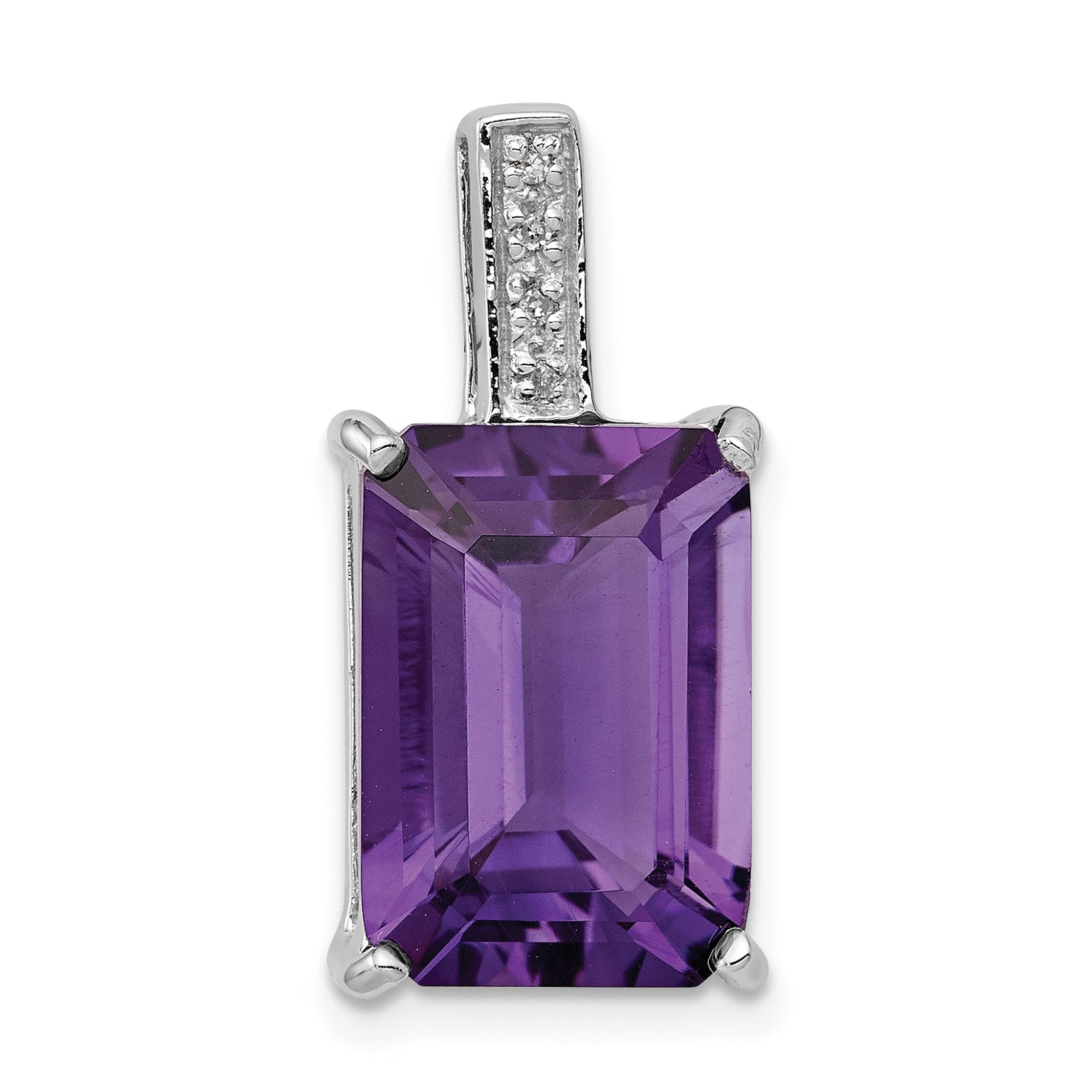 Sterling Silver Rhodium Emerald-cut Amethyst & Diamond Pendant Main image