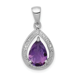 Sterling Silver Rhodium Plated Amethyst and Diamond Pendant