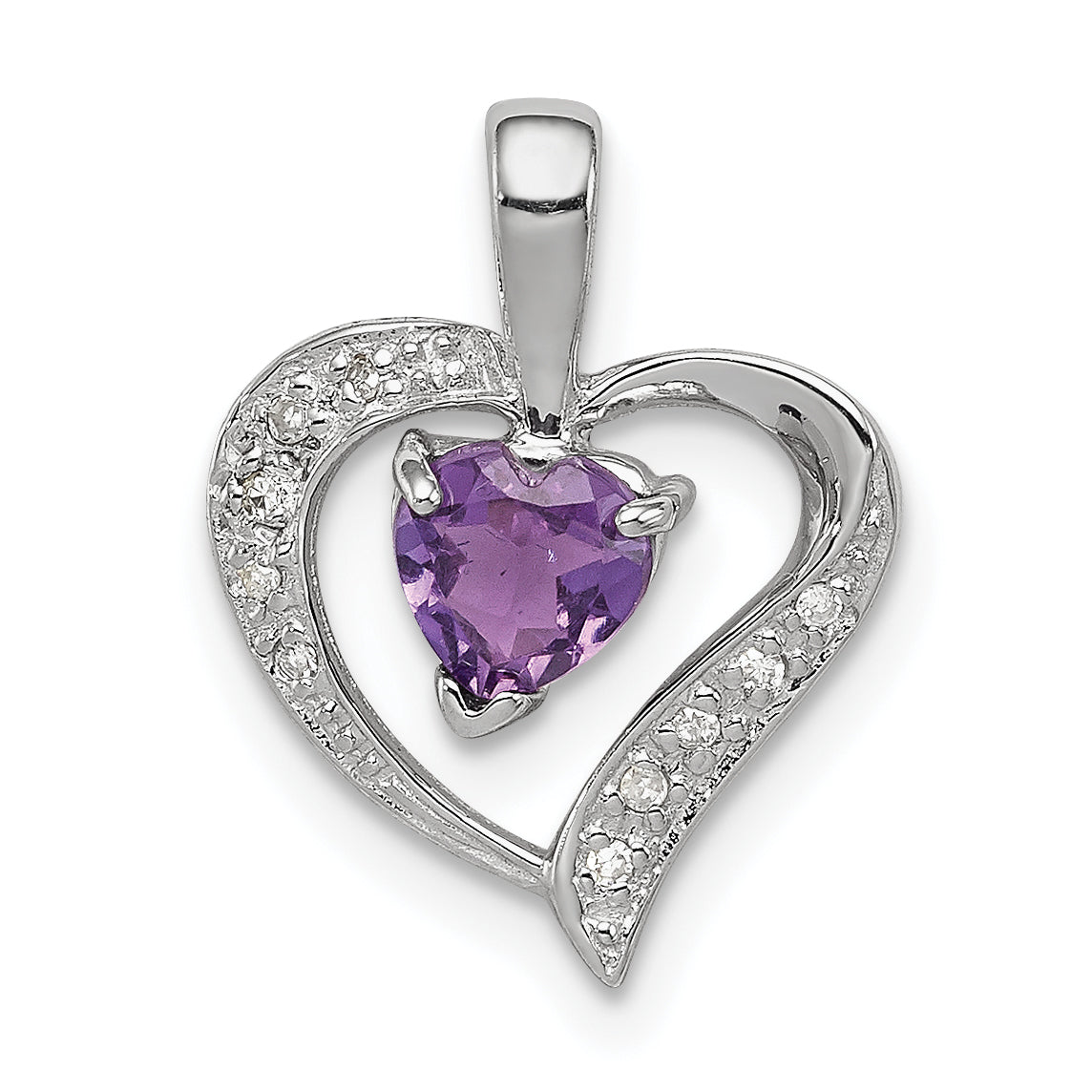 Sterling Silver Rhodium Plated Amethyst and Diamond Heart Pendant Main image