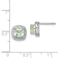 Sterling Silver Rhodium Plated Green Quartz and Diamond Earrings
