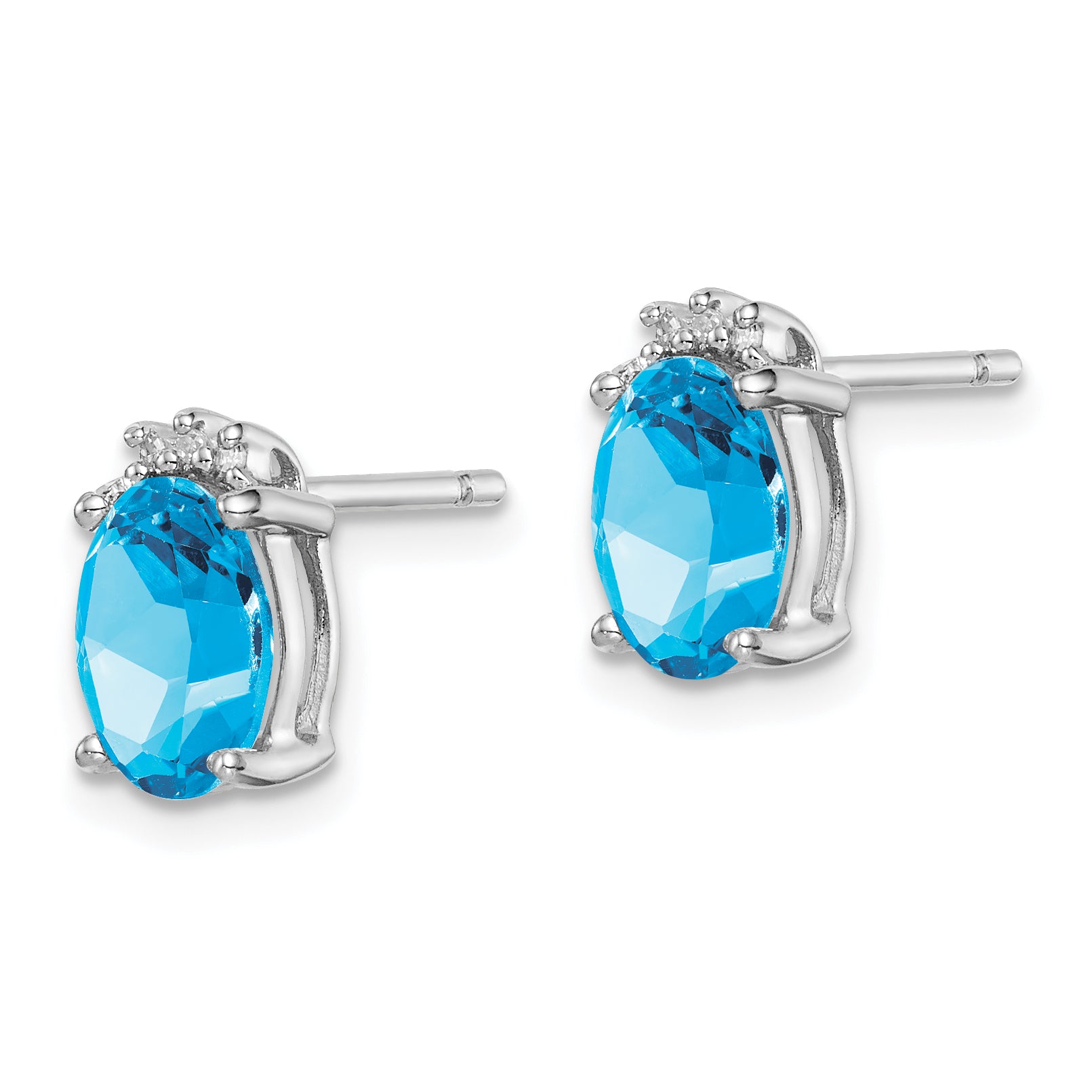 Sterling Silver Rhodium Plated Oval Blue Topaz and Diamond Post Earrings