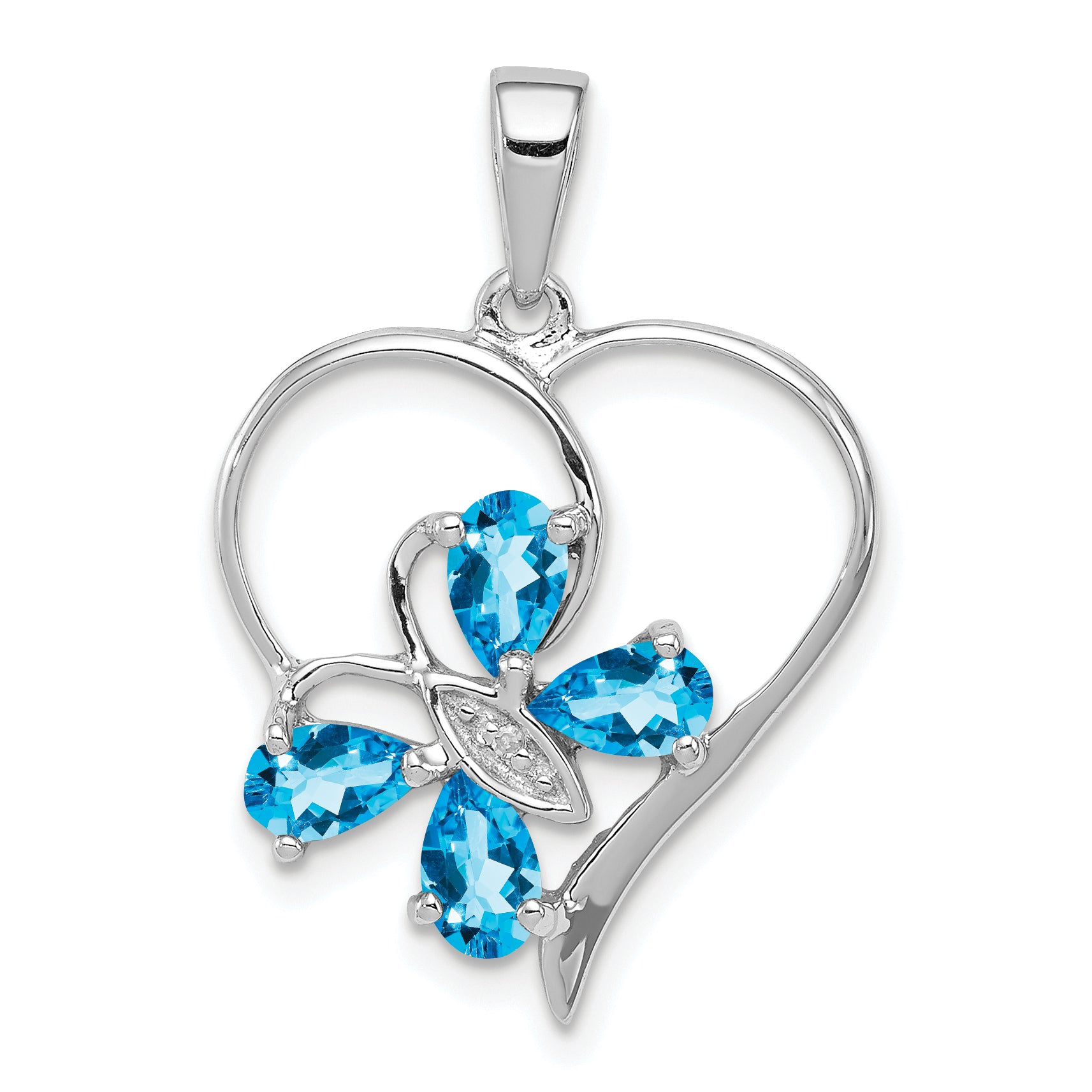 Sterling Silver Rhodium SW Blue Topaz & Diamond Butterfly Heart Pendant Main image