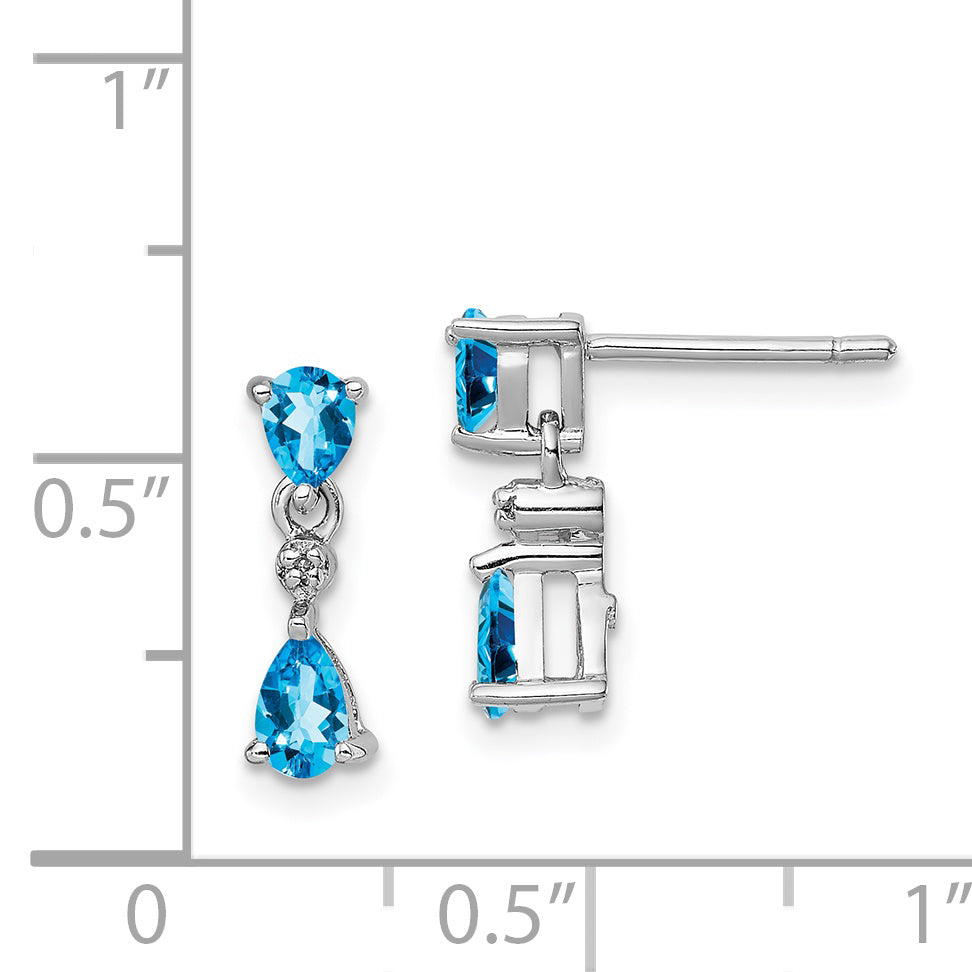 Sterling Silver Rhodium-Plated Blue Topaz & Diamond Drop Earrings