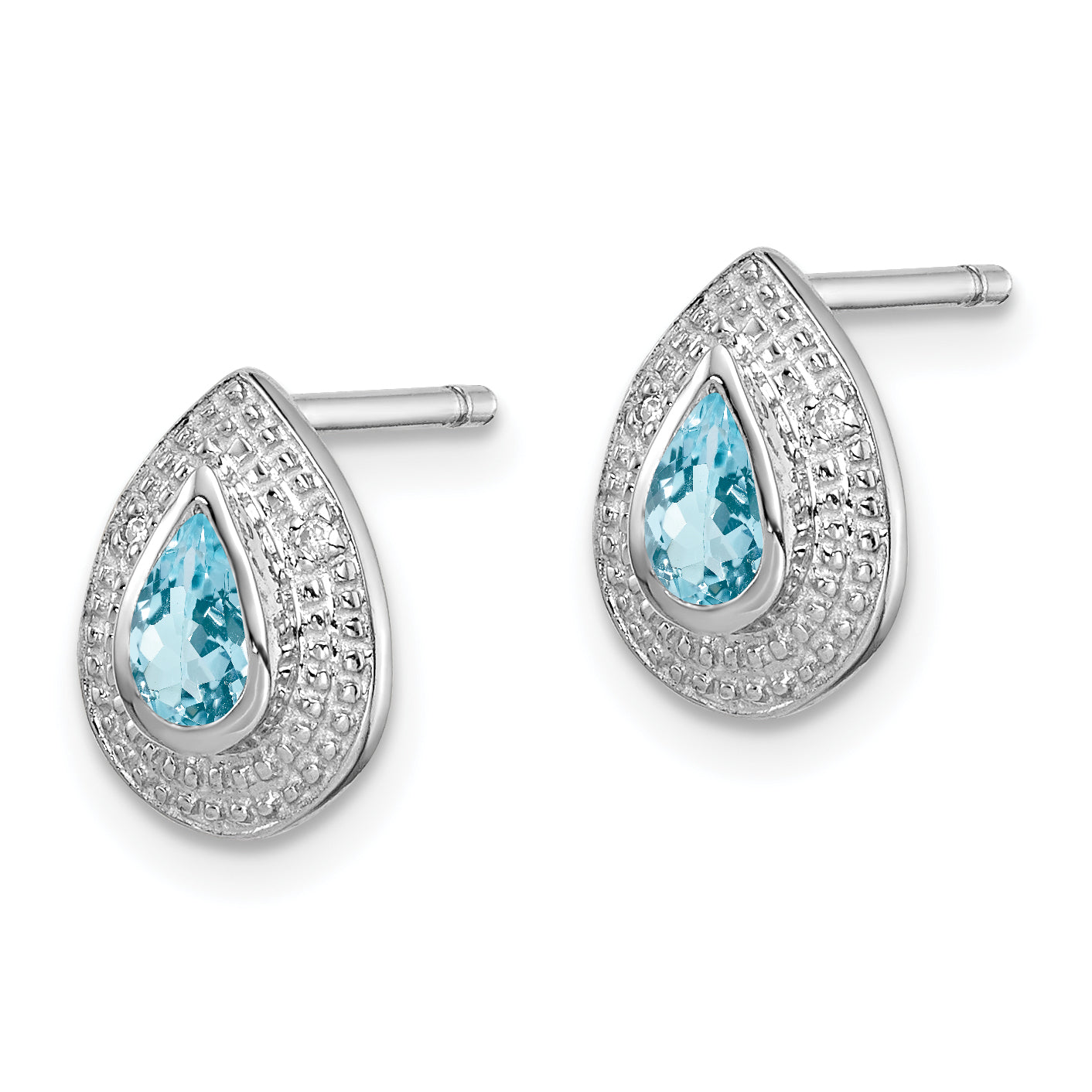 Sterling Silver Rhodium Light Swiss Blue Topaz and Diamond Post Earrings