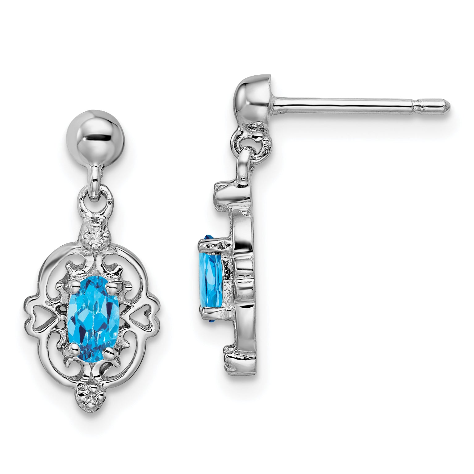 Sterling Silver Rhodium Plated Blue Topaz and Diamond Post Earrings Main image