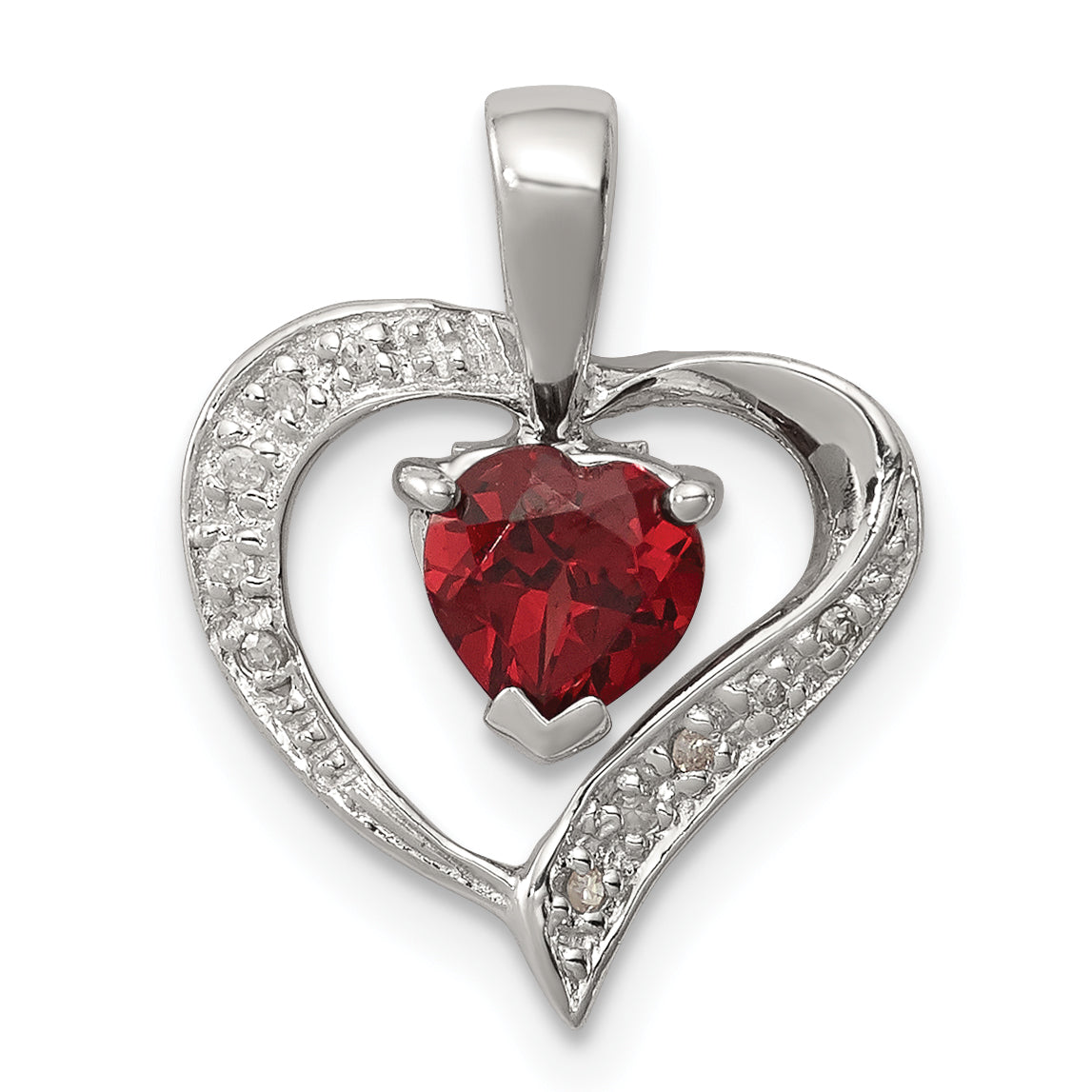 Sterling Silver Rhodium Heart Garnet & Diamond Heart Pendant Main image