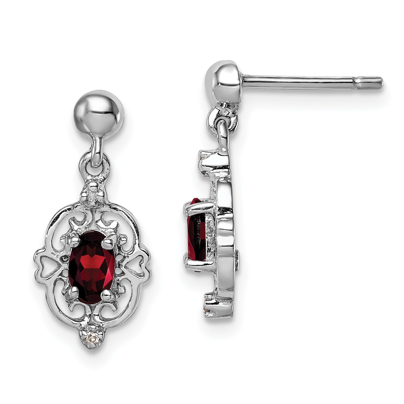 Sterling Silver Rhodium Pear Garnet and Diamond Post Earrings