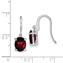 Sterling Silver Rhodium Plated Garnet Drop Earrings  Natural Oval Stones, Polished Finish