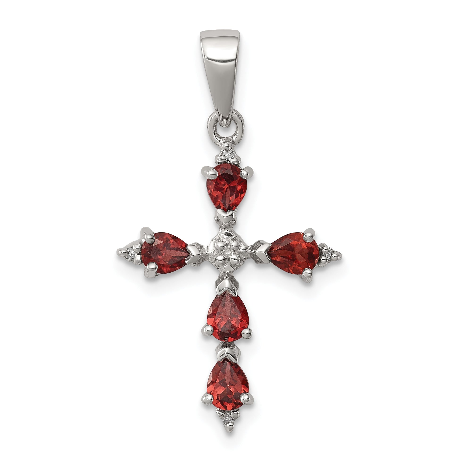 Sterling Silver Rhodium Pear Garnet Cross Pendant Main image