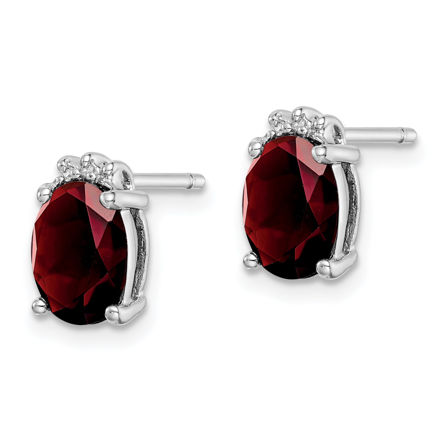 Sterling Silver Rhodium Plated Oval Garnet and Diamond Post Earrings