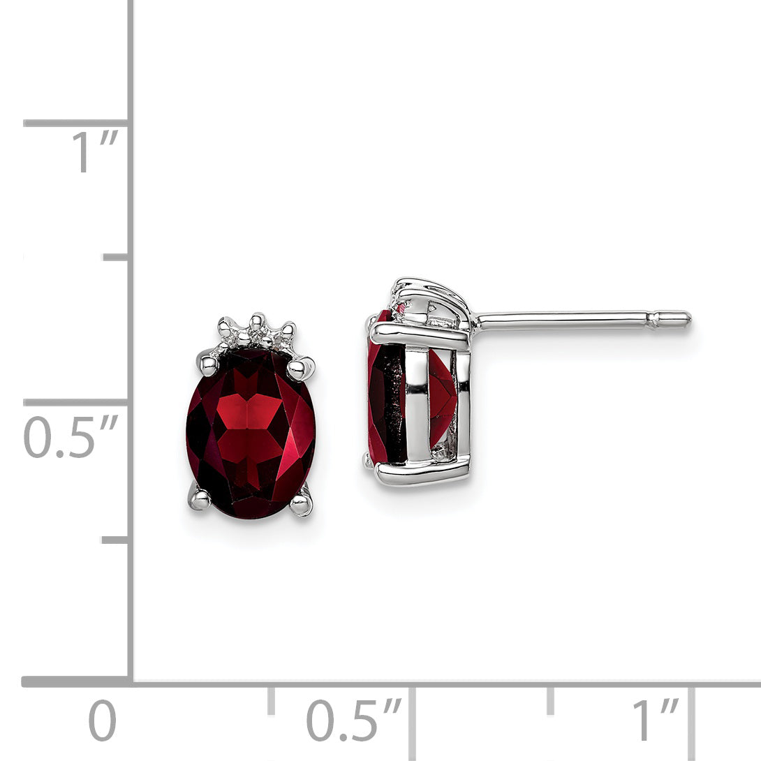 Sterling Silver Rhodium Plated Oval Garnet and Diamond Post Earrings