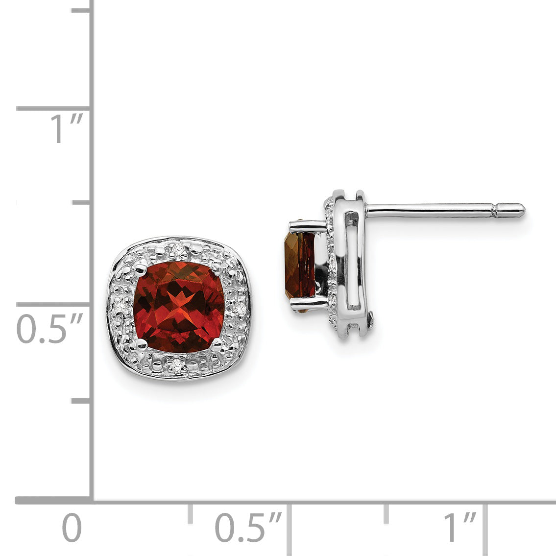 Sterling Silver Garnet and Diamond Cushion Earrings with Rhodium Plating