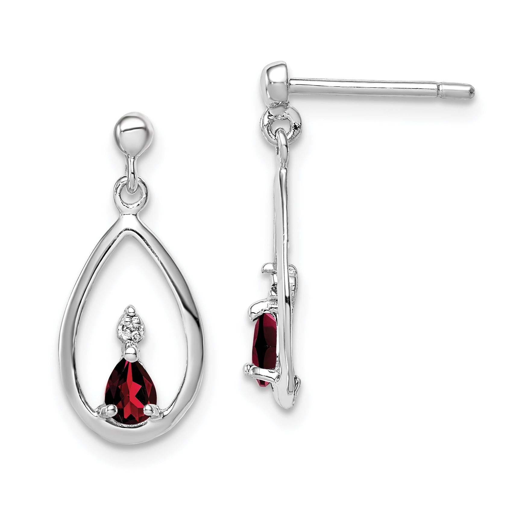 Sterling Silver Rhodium Plated Garnet and Diamond Post Earrings Main image