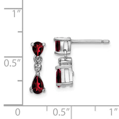 Sterling Silver Rhodium Drop Earrings with Natural Pear Garnet and Diamond