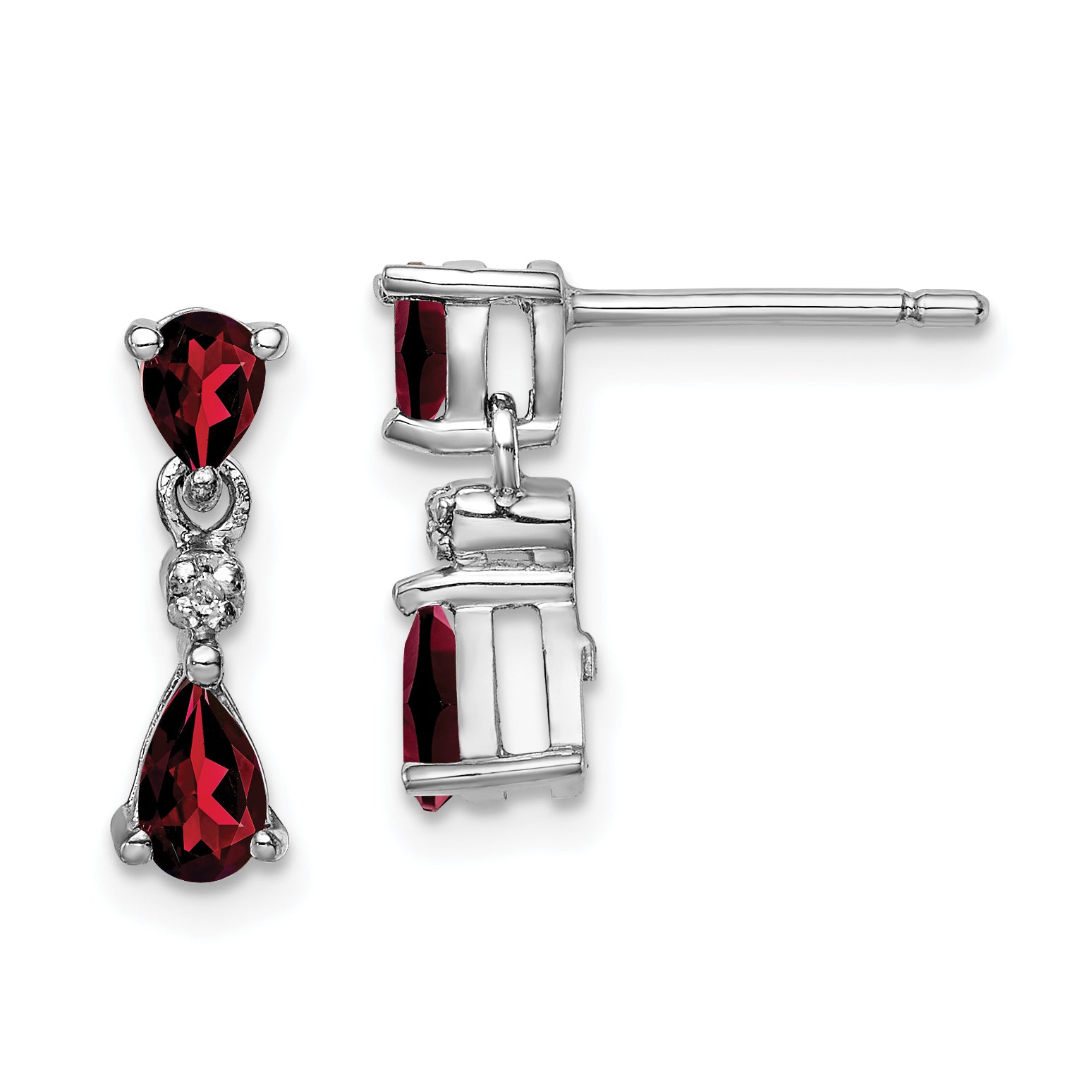 Sterling Silver Rhodium Pear Garnet and Diamond Post Earrings Main image