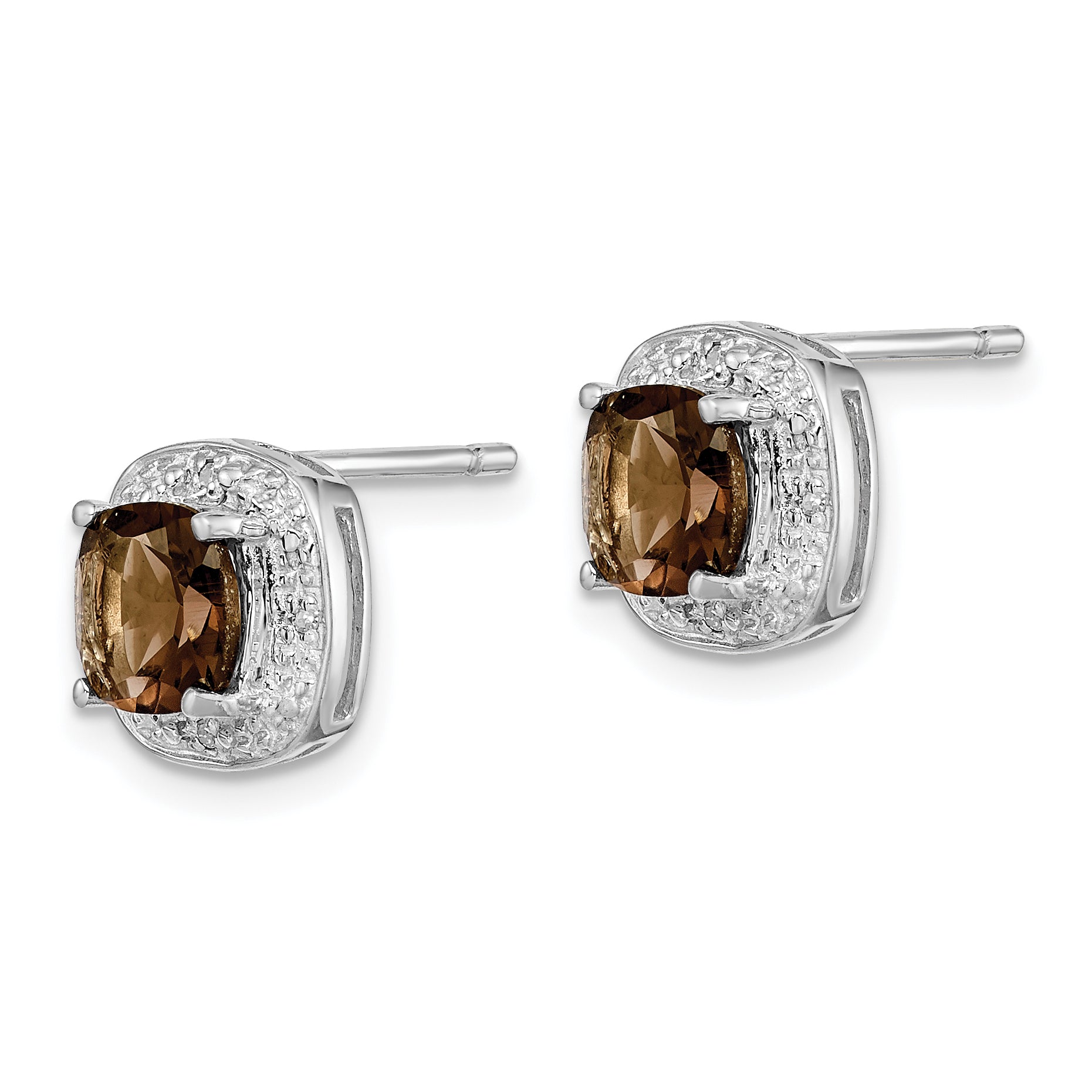 Sterling Silver 925 Smoky Quartz and Diamond Post Earrings  Elegant Rhodium Finish