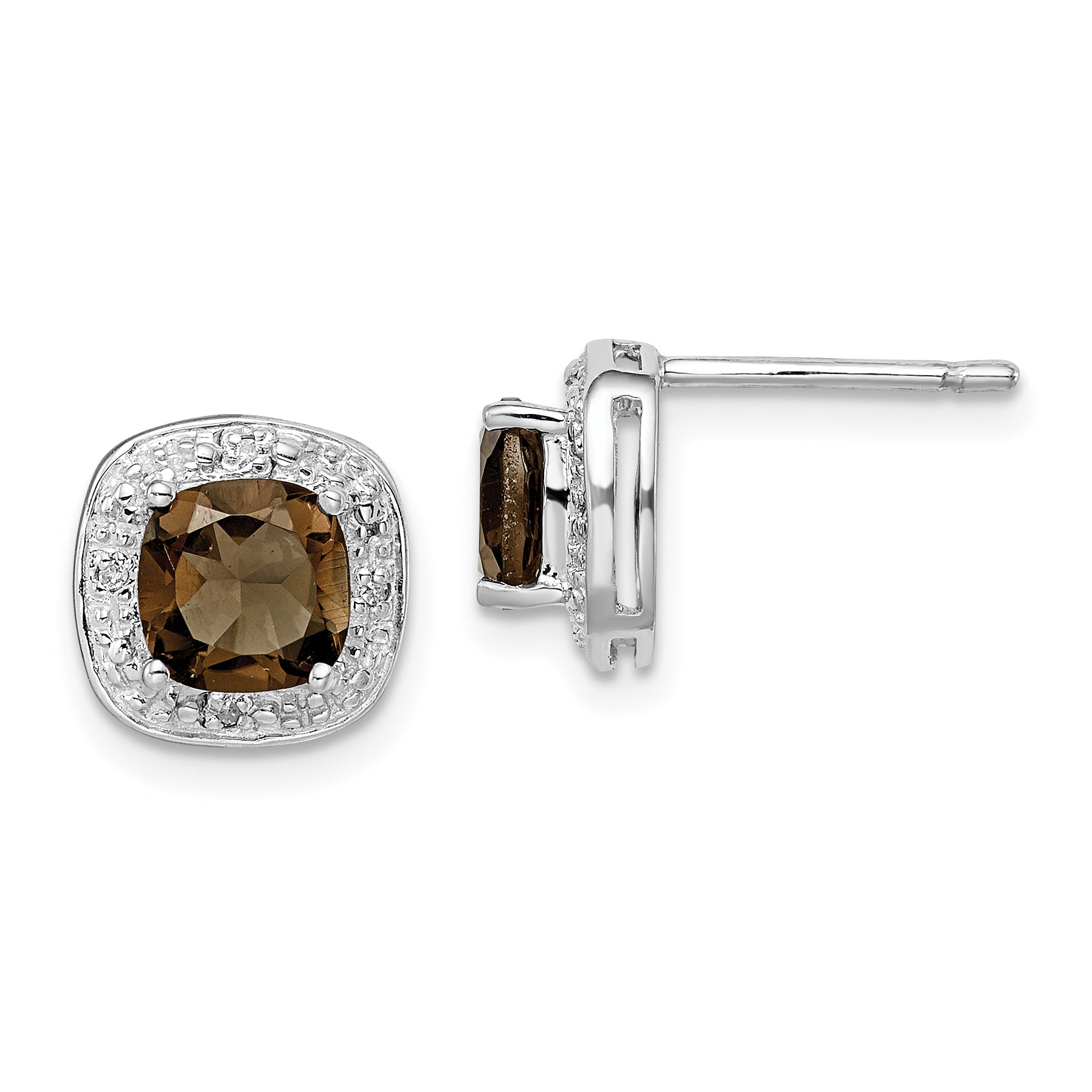 Sterling Silver Rhodium Plated Smoky Quartz and Diamond Post Earrings