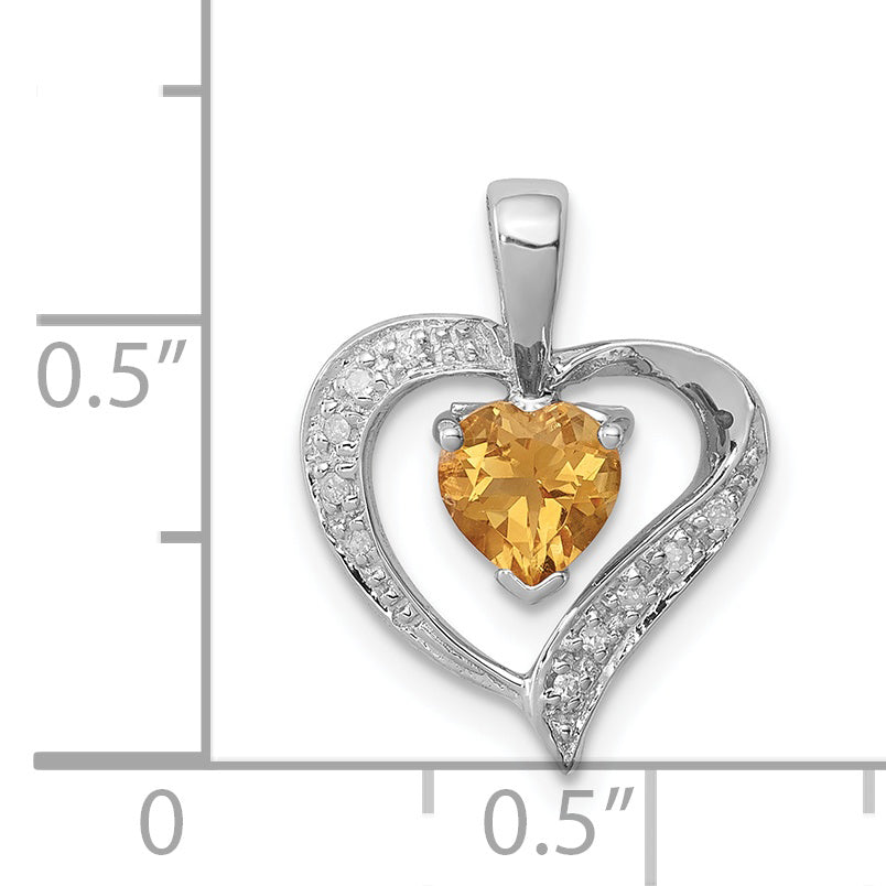 Sterling Silver Rhodium Heart Citrine & Diamond Heart Pendant