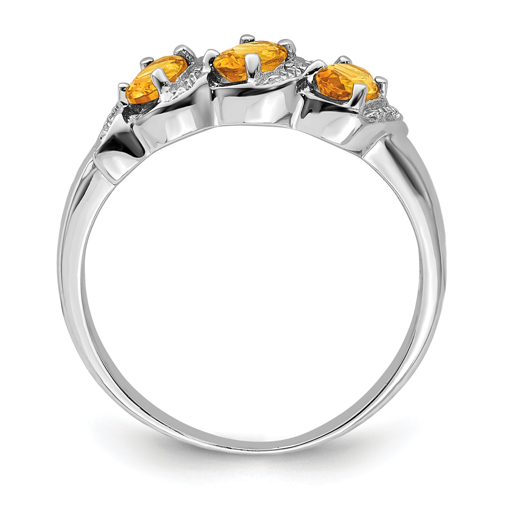 Sterling Silver Rhodium 3 Stone Citrine & Diamond Ring - 6