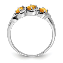 Sterling Silver Rhodium 3 Stone Citrine & Diamond Ring - 6