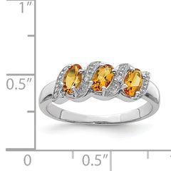 Sterling Silver Rhodium 3 Stone Citrine & Diamond Ring - 6