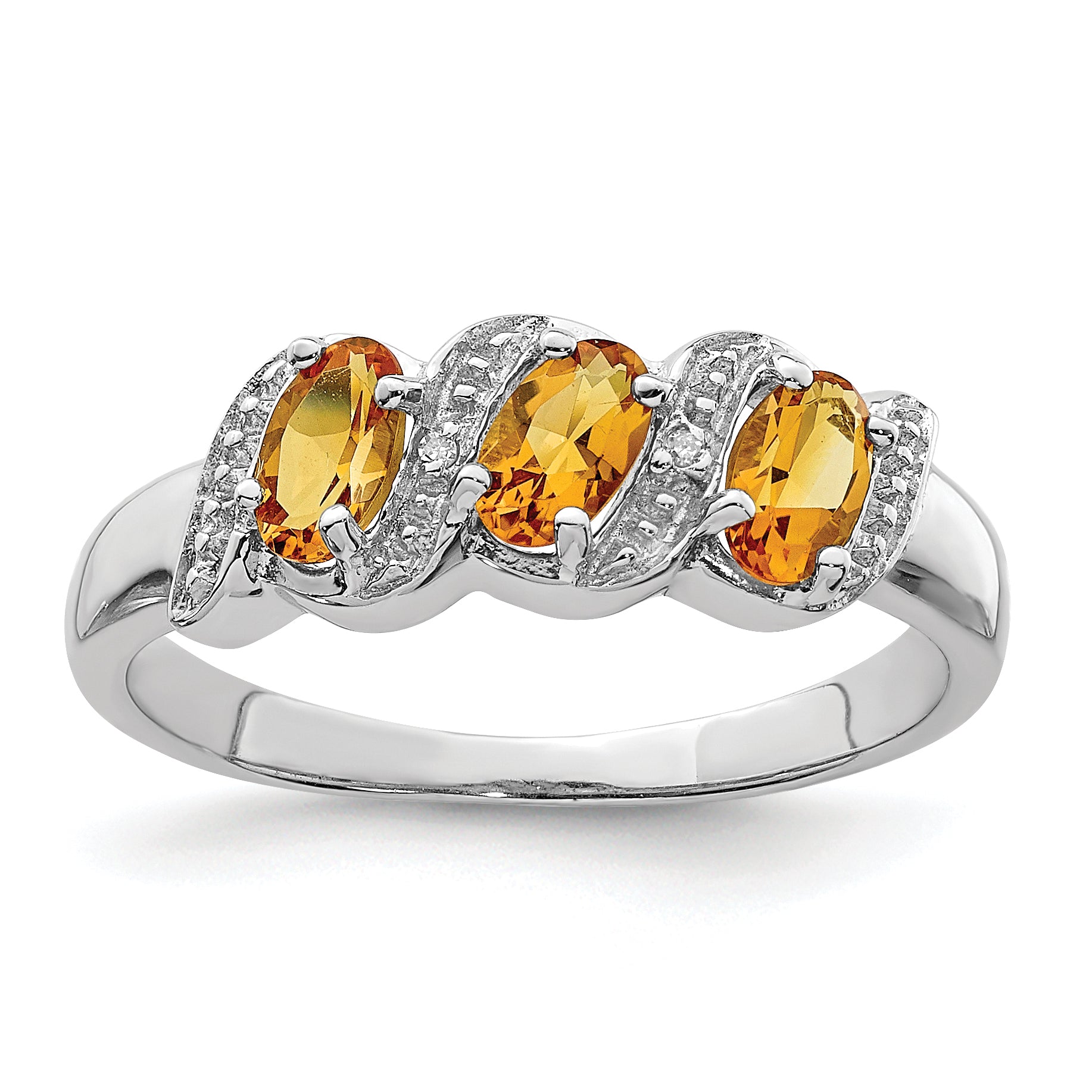 Sterling Silver Rhodium 3 Stone Citrine & Diamond Ring Main image