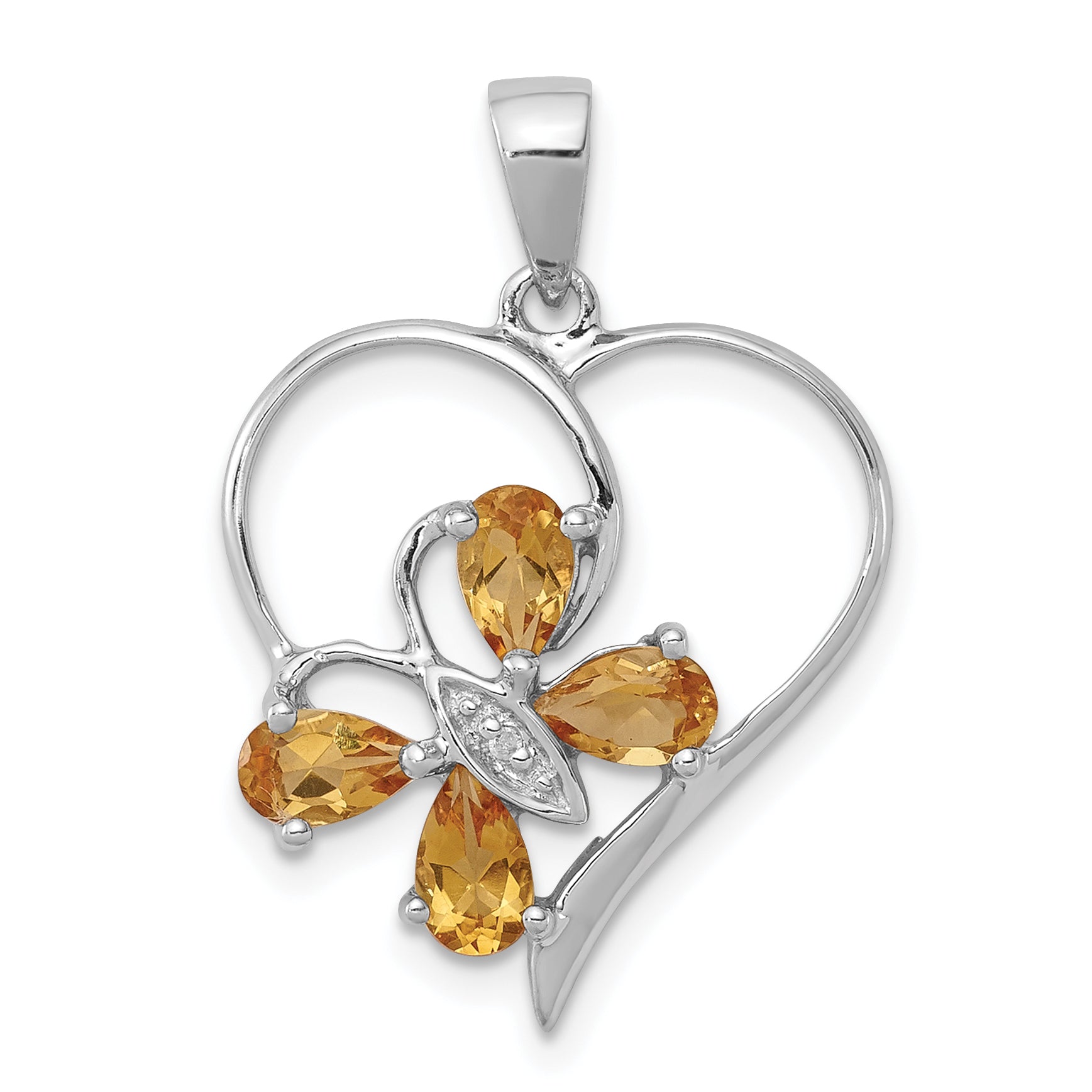 Sterling Silver Rhodium Citrine & Diamond Butterfly Heart Pendant Main image