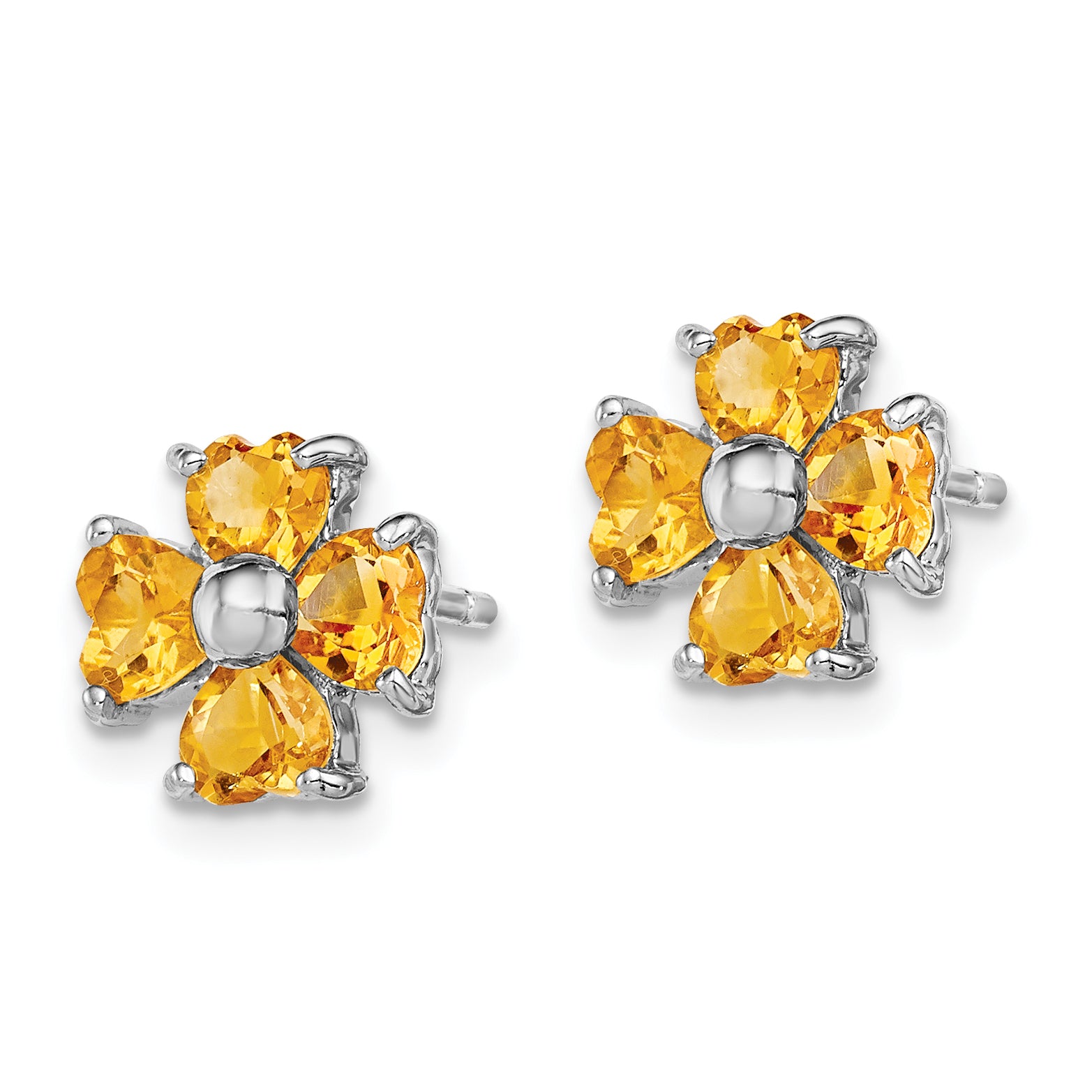 925 Sterling Silver Rhodium Plated Citrine Flower Earrings with Heart-Cut Stones Secondary image