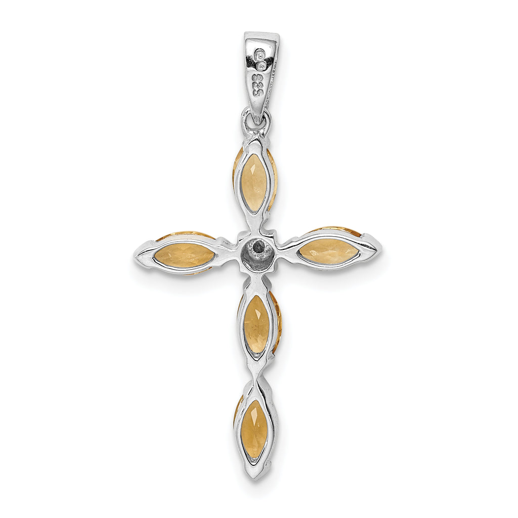 Sterling Silver Rhodium Citrine & Diamond Cross Pendant