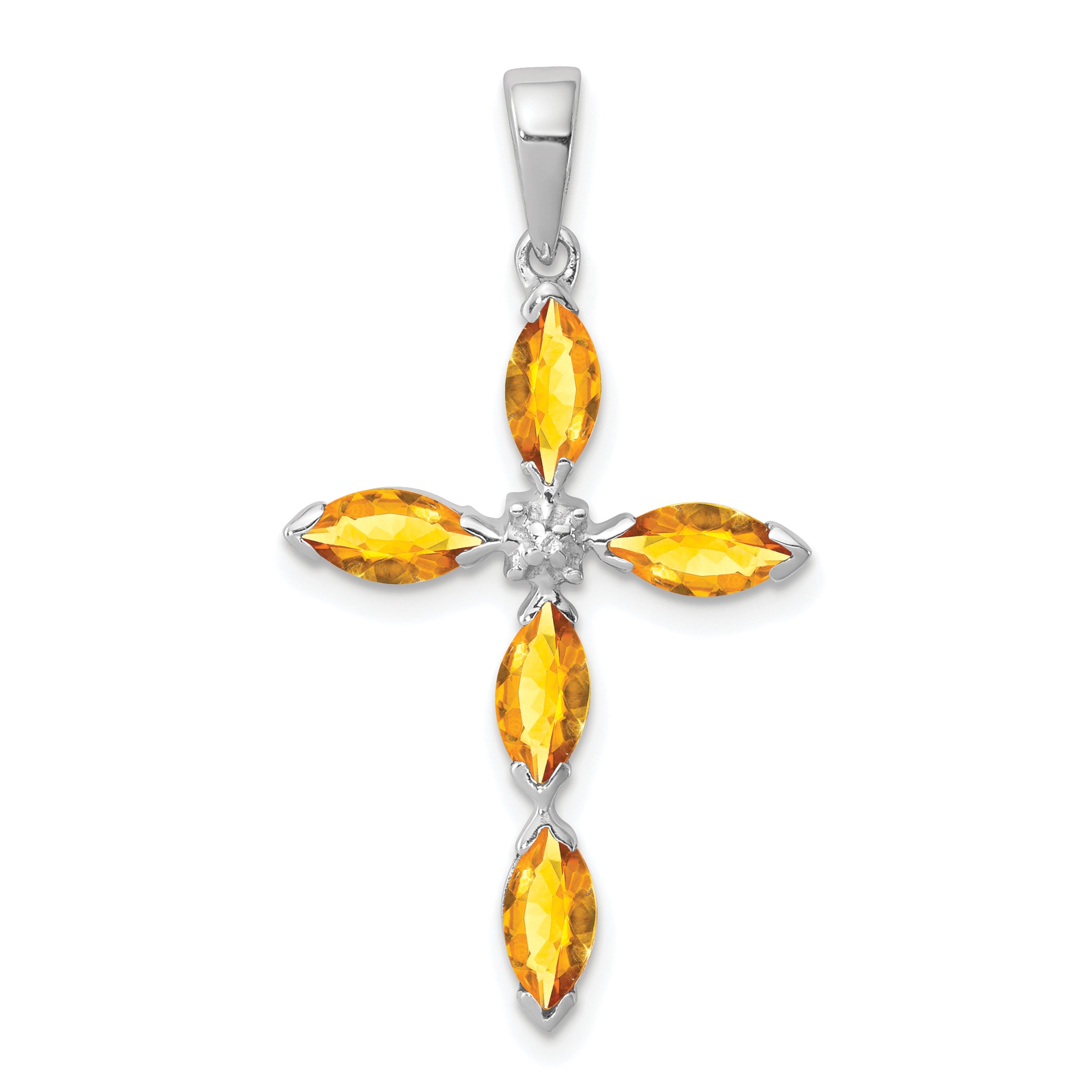 Sterling Silver Rhodium Citrine & Diamond Cross Pendant Main image