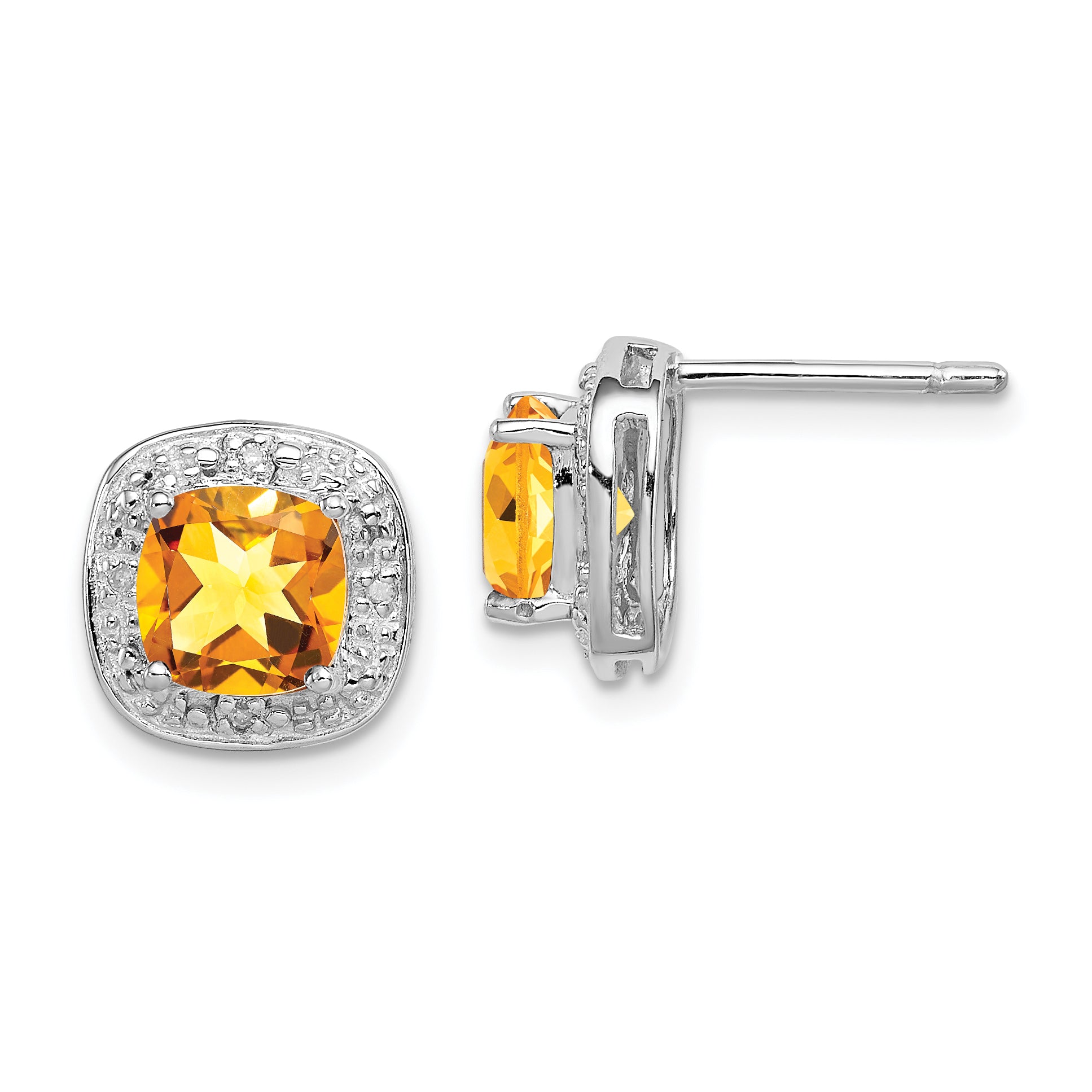 Sterling Silver Rhodium Plated Citrine and Diamond Post Earrings Main image