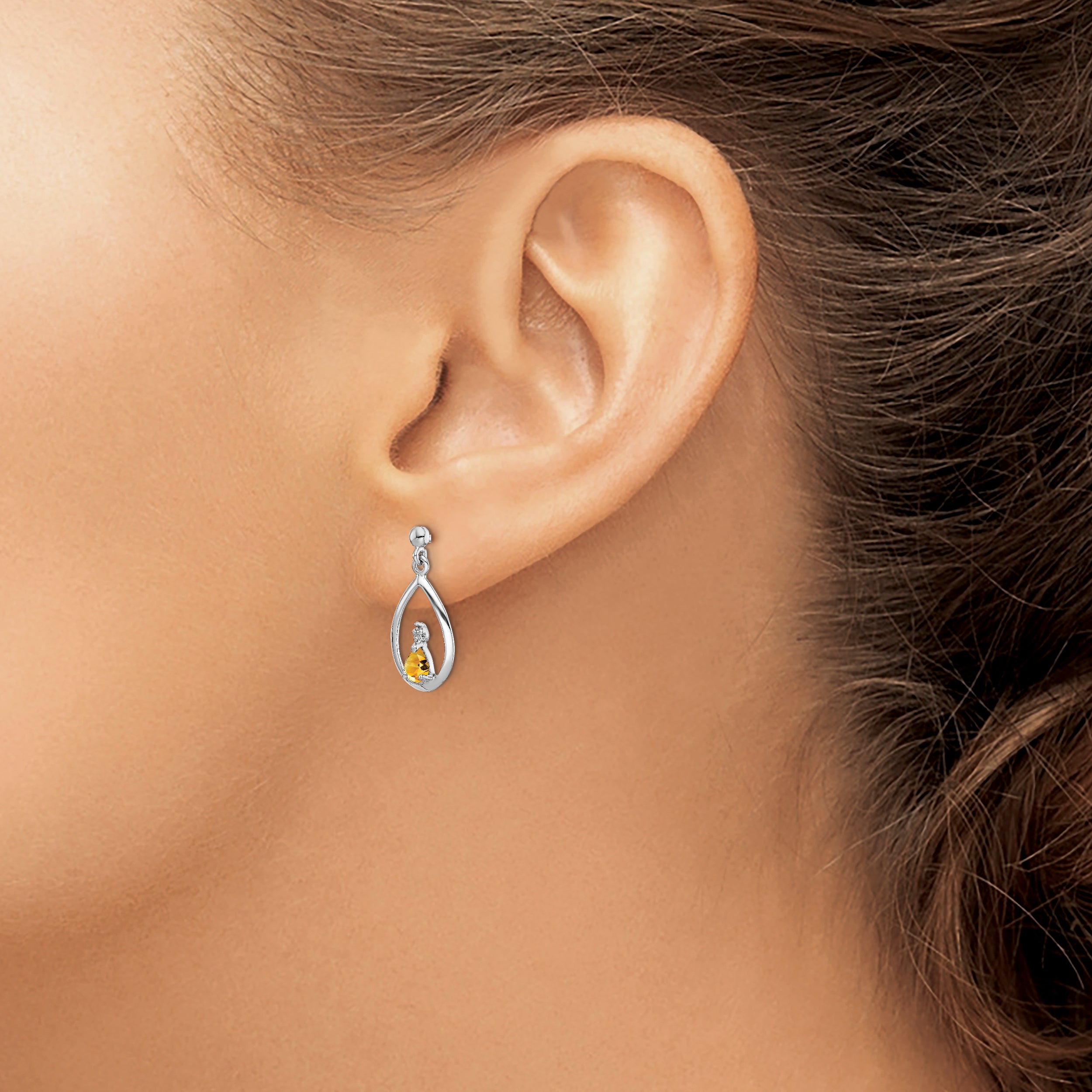 Sterling Silver Rhodium Plated Citrine and Diamond Pear Drop Earrings for Women