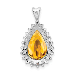 Sterling Silver Rhodium Citrine & Diamond Pear Pendant