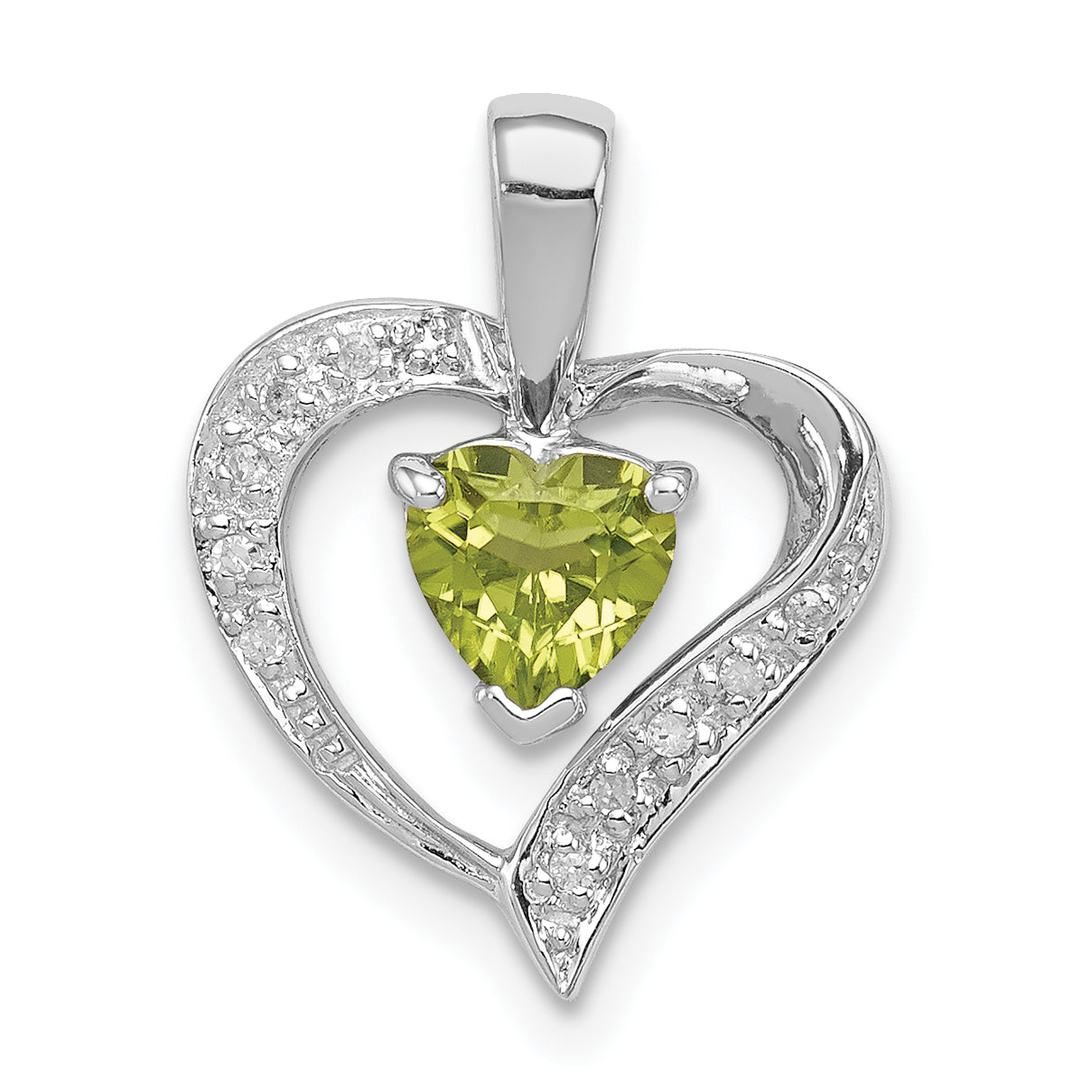 Sterling Silver Rhodium Plated Peridot and Diamond Heart Pendant Main image