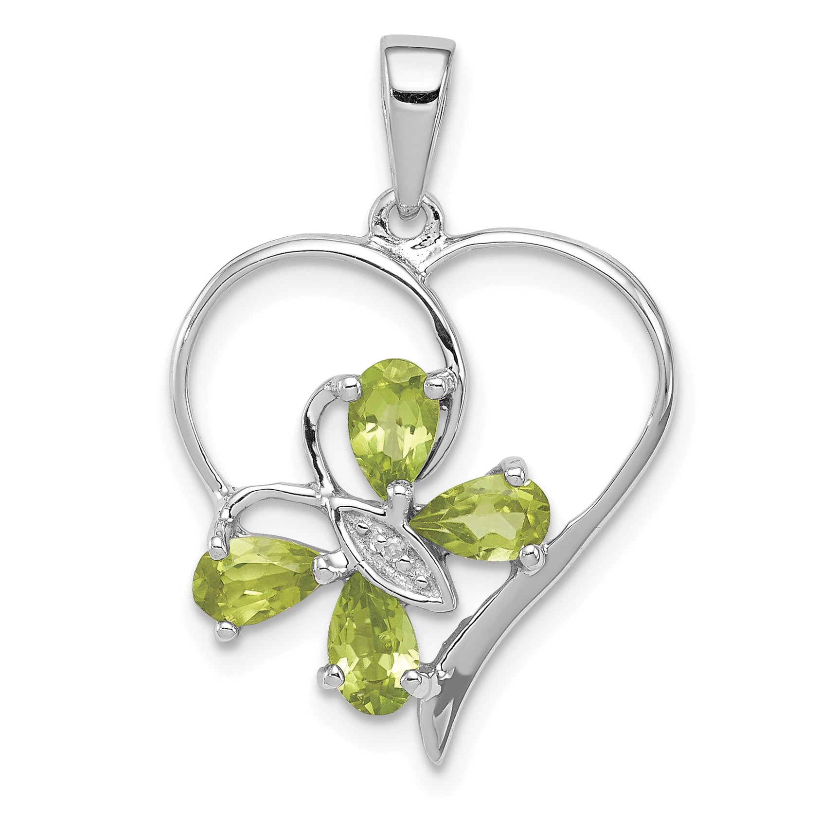 Sterling Silver RH Plated Peridot and Diamond Butterfly Heart Pendant Main image