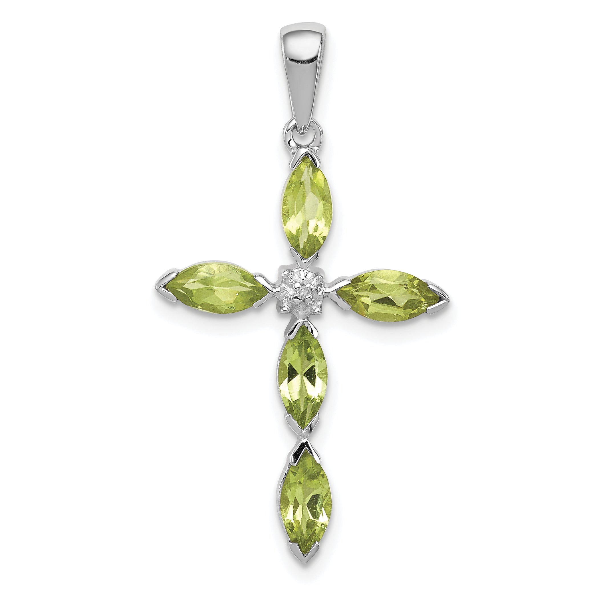 Sterling Silver Rhodium Plated Peridot and Diamond Cross Pendant Main image
