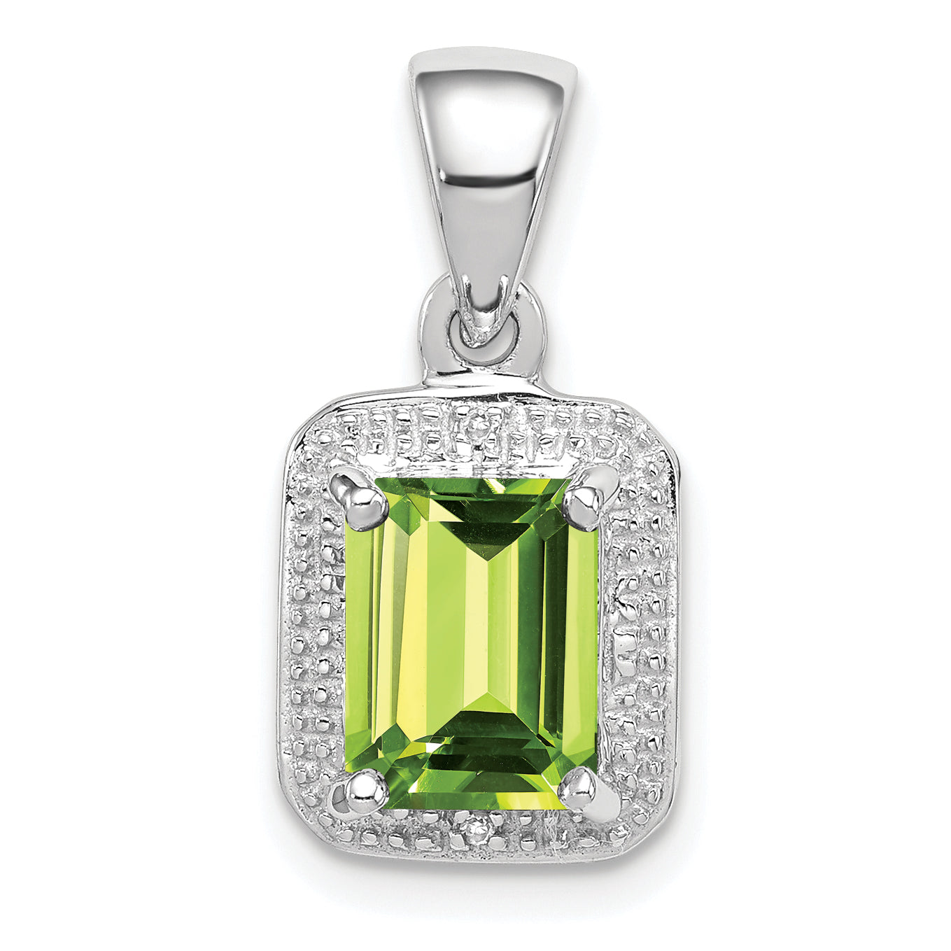 Sterling Silver Rhodium Plated Emerald-cut Peridot and Diamond Pendant Main image