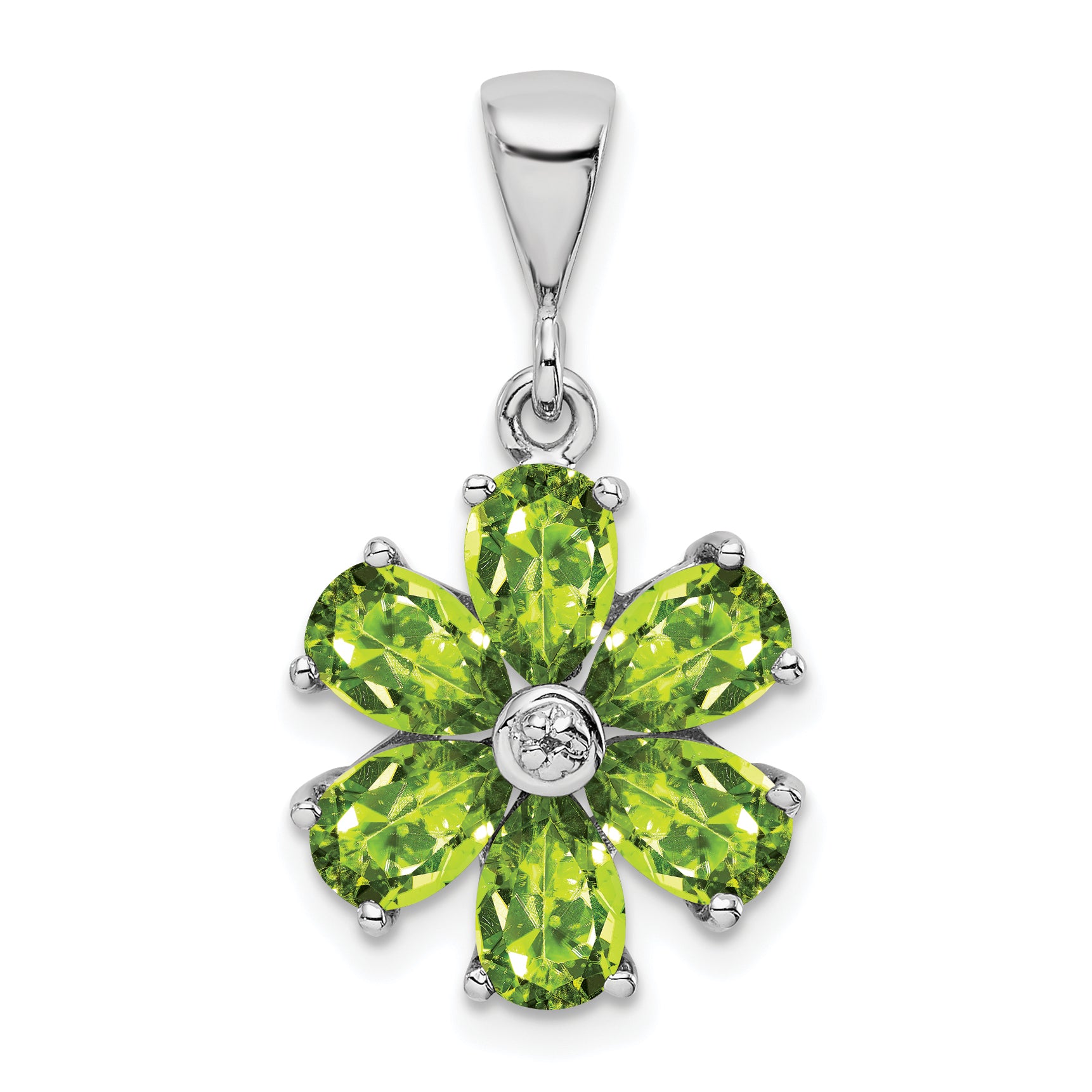 Sterling Silver Rhodium Plated Peridot and Diamond Flower Pendant Main image