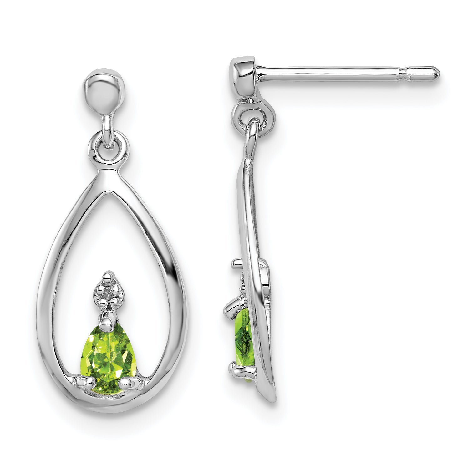 Sterling Silver Rhodium Plated Pear Peridot and Diamond Post Earrings Main image