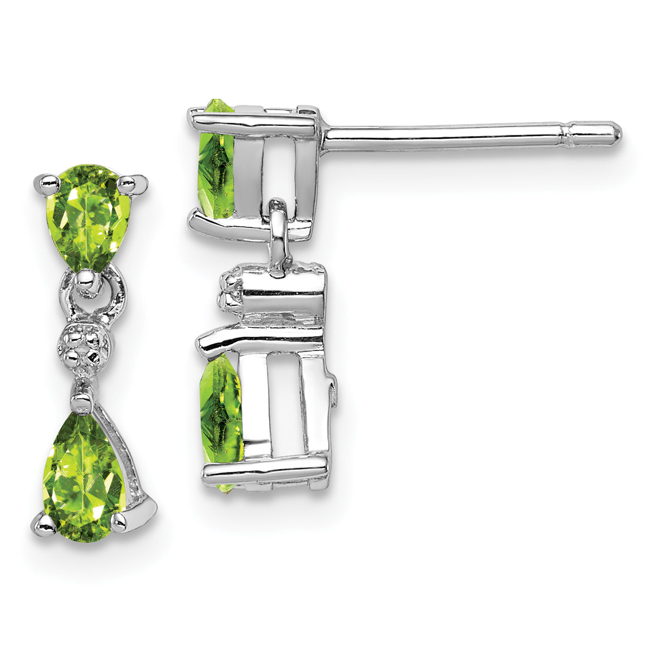 Sterling Silver Rhodium Plated Pear Peridot and Diamond Post Earrings Main image